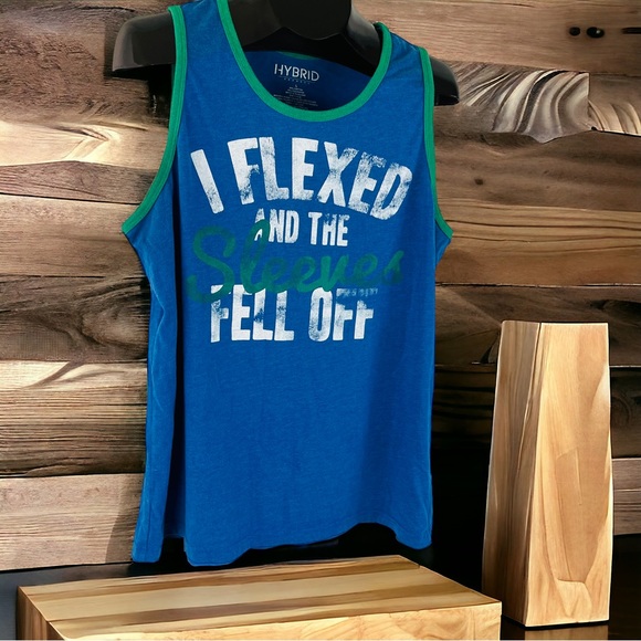I Flexed And The Sleeves Fell Off Tank Top | Blue with Green Trim | Men's Size L - Picture 3 of 10